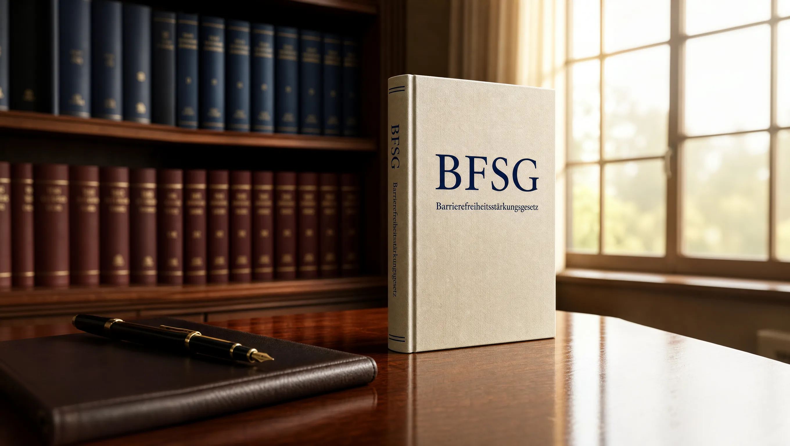 Cremefarbener Gesetzesband mit BFSG-Prägung auf einem polierten Mahagoni-Schreibtisch, Bücherregale weich unscharf im Hintergrund, warmes Tageslicht von rechts